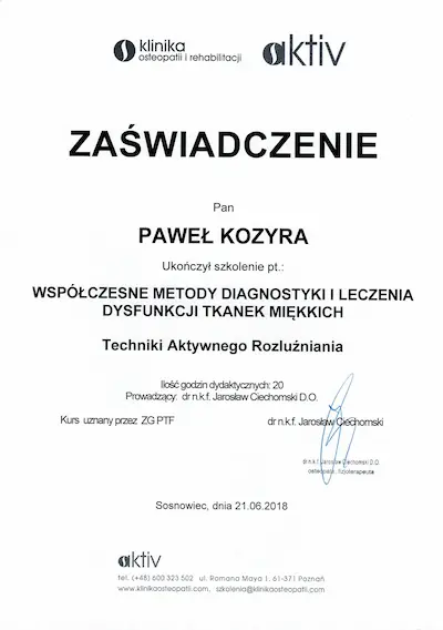 Certyfikat Współczesne_metody_diagnostyki_i_leczenia_dysfunkcji_tkanej_miękkichWspółczesne metody diagnostyki i leczenia dysfunkcji tkanej miękkich, Techniki Aktywnego Rozluźniania